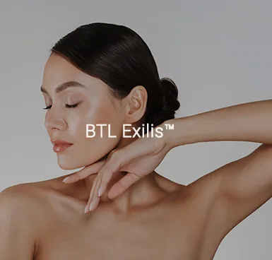 A woman with her hand at her neck and shoulder, captioned "BTL Exilis™."