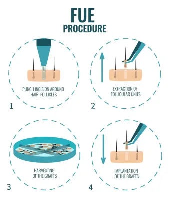 An illustrated diagram of the four steps of the FUE hair transplantation procedure — punch incision around hair follicles, extraction of follicular units, harvesting of the grafts, and implantation of the grafts.
